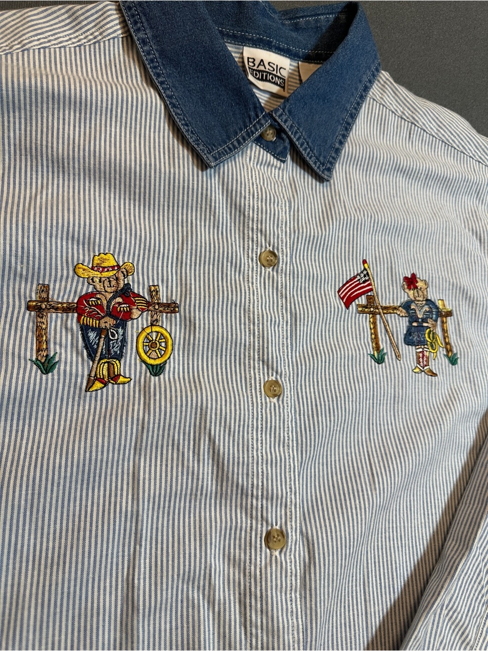 Western Teddy Bear Embroidered Pinstriped Shirt Denim Collar Americana Women's L